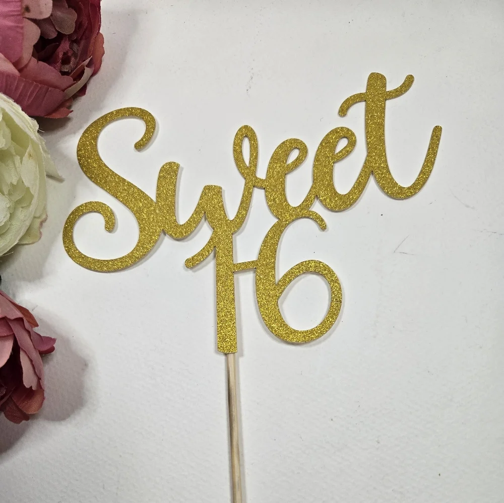 Gold Sweet 16 Cake Topper. 16th Birthday Cake Topper. Cake Party Decoration.